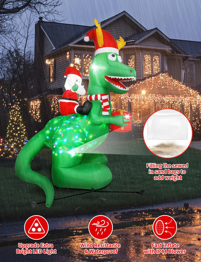 Vintoney 8ft/244cm Christmas Inflatable Dinosaur and Santa Claus Inflatable with Rotating LED Lights Yard Decoration Snowball Inflatables Indoor Outdoor Christmas Decorations