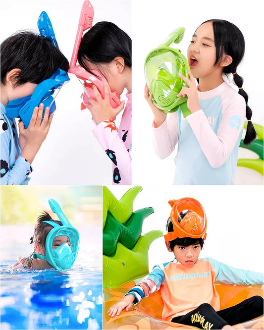 HINATAA Kids Snorkel Mask, 180° Panoramic View, Easy Breathing, Full Face Snorkel Mask, Anti-Fog and Leak-Proof, Suitable for Kids aged 4-15 (Green)