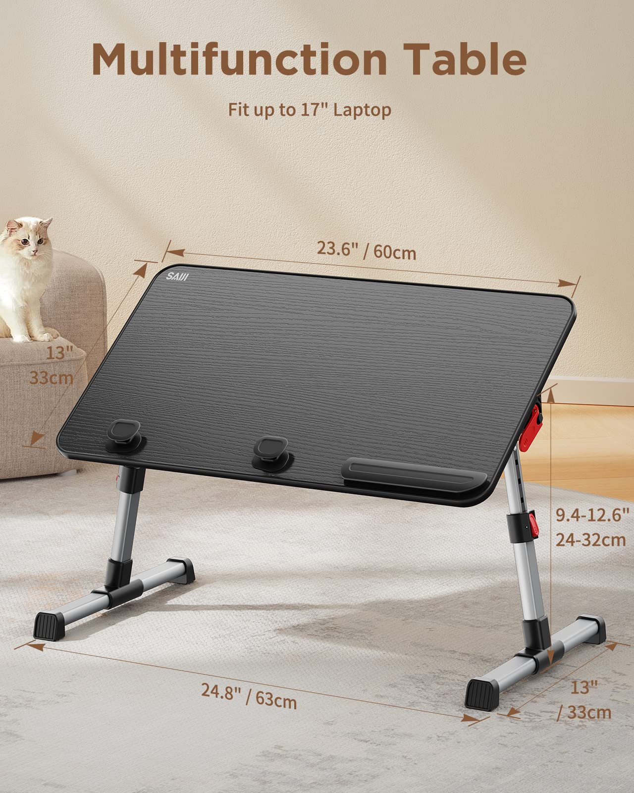 Table, SAIJI Adjustable Bed Table, with 4 adjustable angles, Foldable Lapdesk for working, studying, reading, writing, eating on sofa, couch, floor. Fits up to 17" laptop (60*33cm black)
