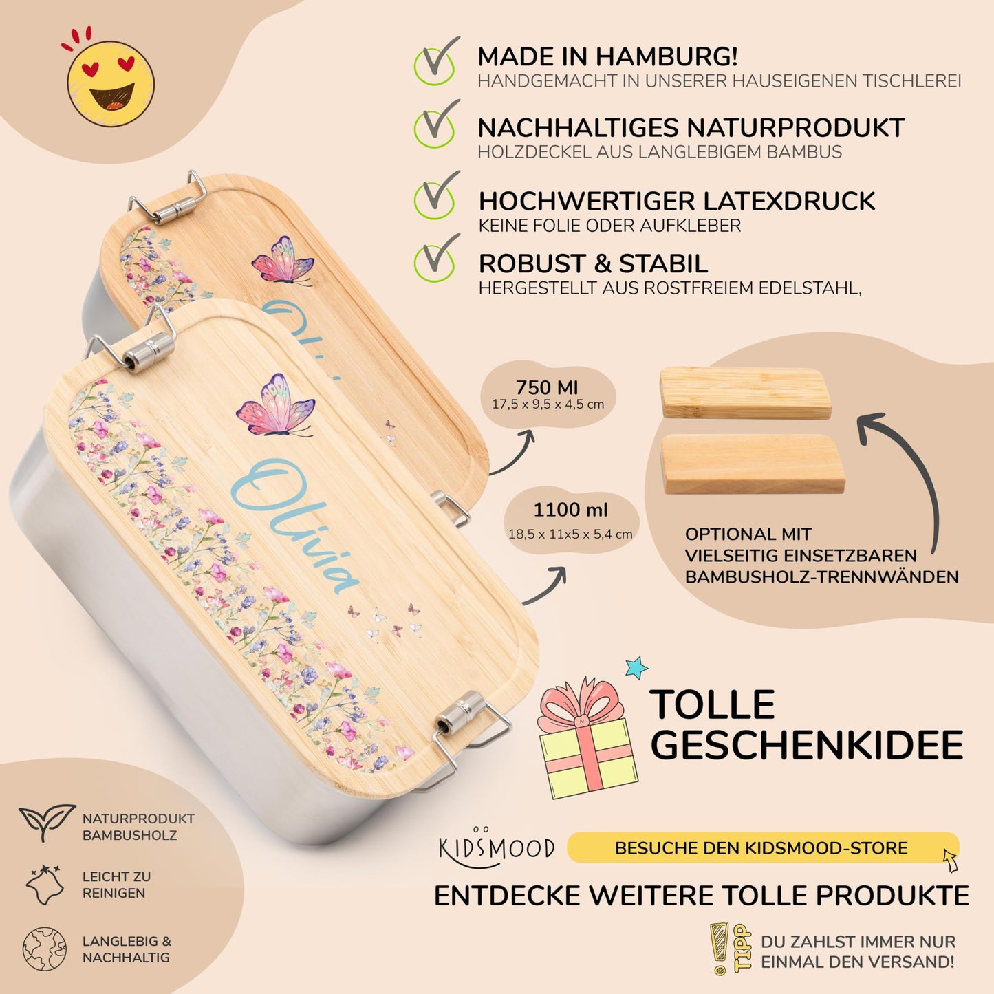 Kidsmood - Personalized lunchbox for kids with compartments, stainless steel container with bamboo lid. Printed without harmful substances, featuring cute animal design and name. Perfect gifts for girls & boys starting school.