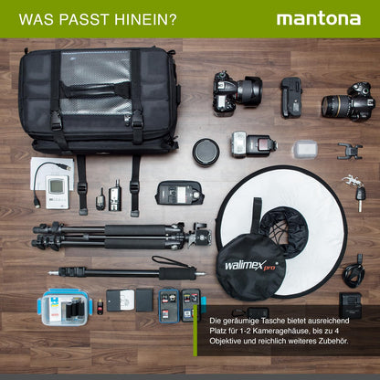 Mantona New York camera bag with internal compartments. Ideal for lenses, mirrorless cameras, and DSLRs. Provides storage for camera accessories, with rain cover and shoulder strap.