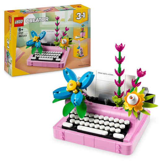 LEGO Creator 3in1 Typewriter with Flowers - can be rebuilt into a Keytar or a flowerpot with pen & notebook - Creative birthday gift for girls and boys aged 8 and up - 31169