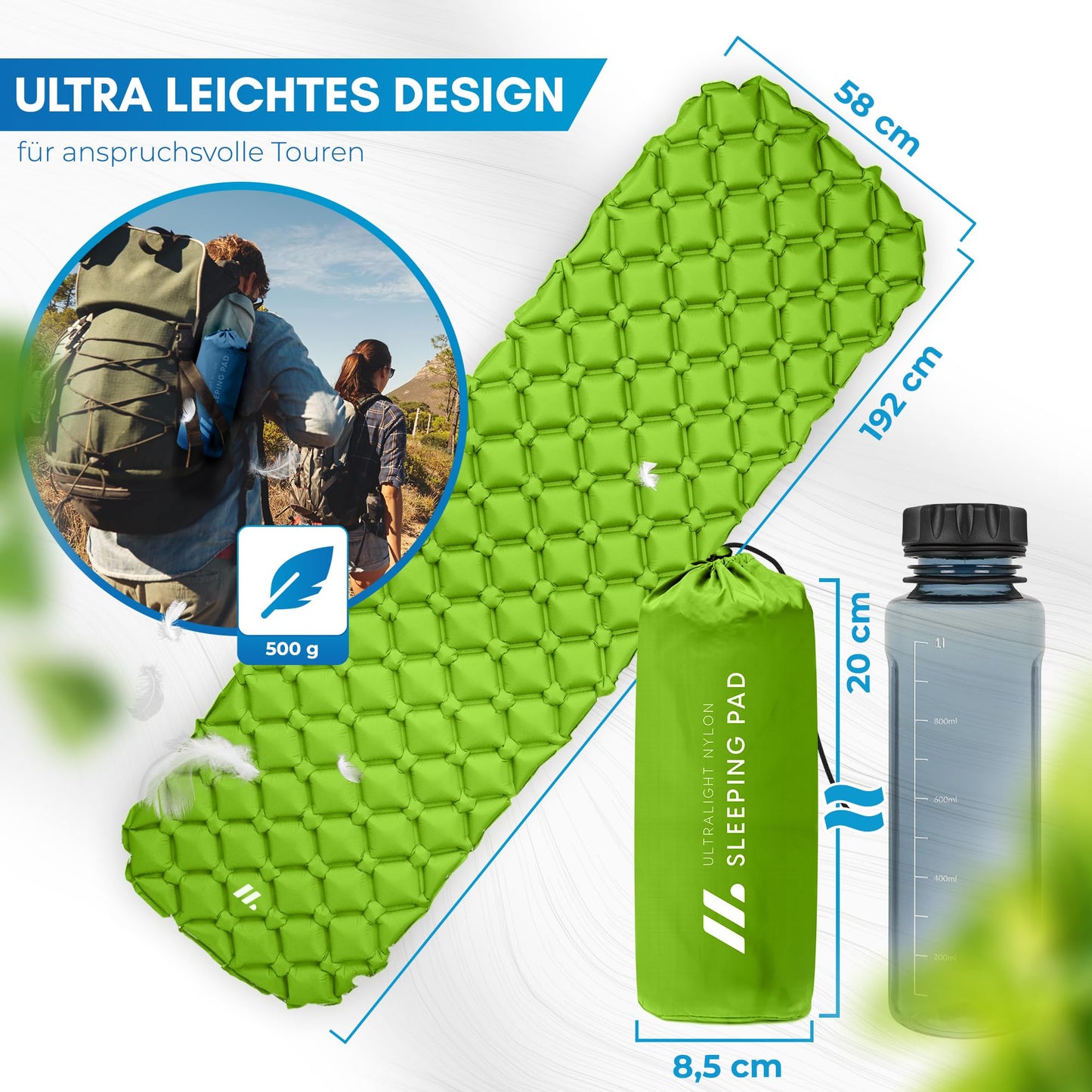 NORDMUT® 600g Ultralight Sleeping Pad [with Repair Kit] - Inflatable Camping Air Mattress compact pack size - Weatherproof Camping Mattress for Outdoor Tent & Festivals - Green