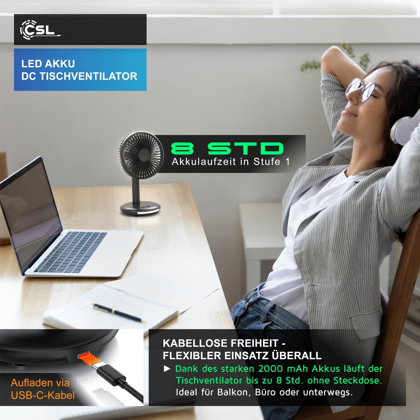 CSL - Table Fan with 2000 mAh Battery - USB Fan - Desk Fan - 3-speed - Energy Efficient - Very Quiet