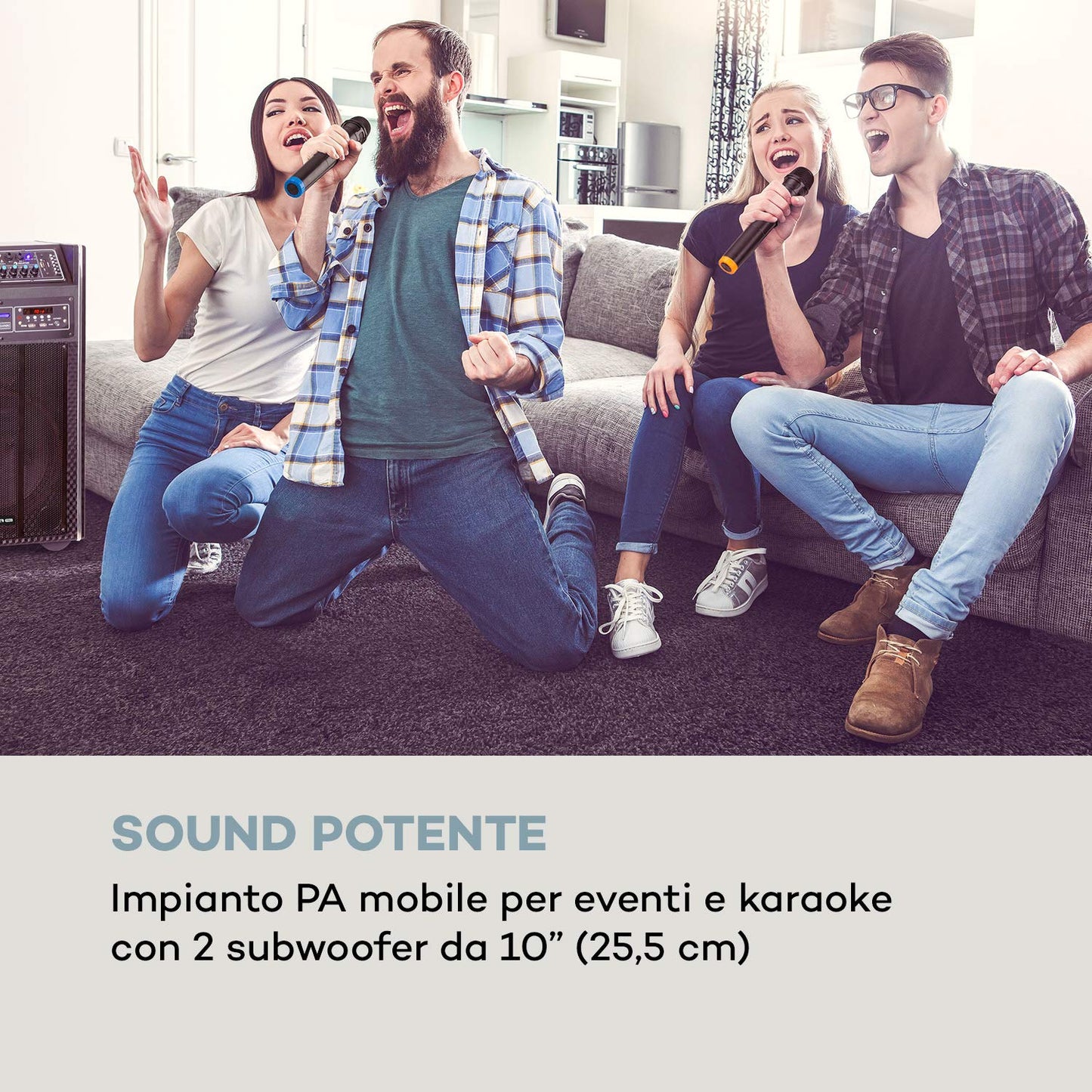 auna Pro DisGo Box DVD - Mobile PA system with built-in DVD player, 300 W max., 2 x 10 (25.5 cm) subwoofers, Bluetooth, USB, SD slot, wireless UHF microphone, battery, remote control, black.