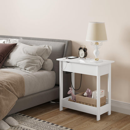 EUGAD Side Table, Bedside Table with Socket, Coffee Table, End Table, Console Table, Foldable Tabletop, 3 Shelves, for Living Room Bedroom Kitchen, White, 0001CHJ
