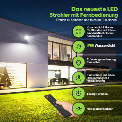 LED floodlight with motion sensor outside - 100W 10000LM 6500K LED floodlight outside with remote control, timing function, adjustable brightness LED floodlight, IP66 waterproof spotlight for garage yard