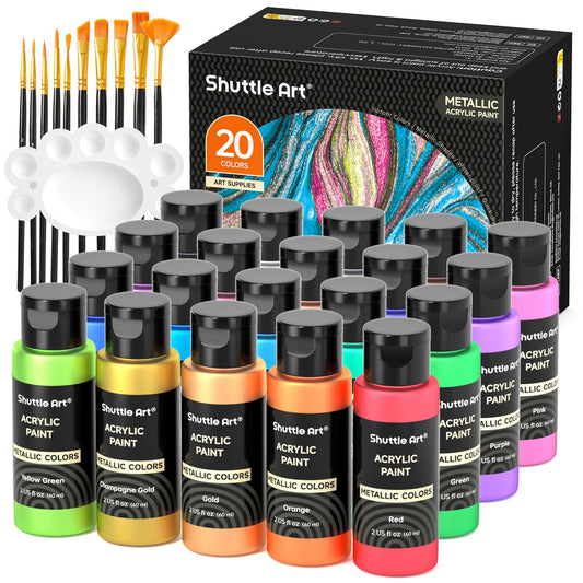 Shuttle Art Metallic Acrylic Paint Set, 20x60ml Metallic Acrylic Paint +10 Brush Set +1 Palette, Acrylic Paint Set for Kids, Adults for Crafting, Painting, Dotting on Canvas, Wood, Stone, Halloween.