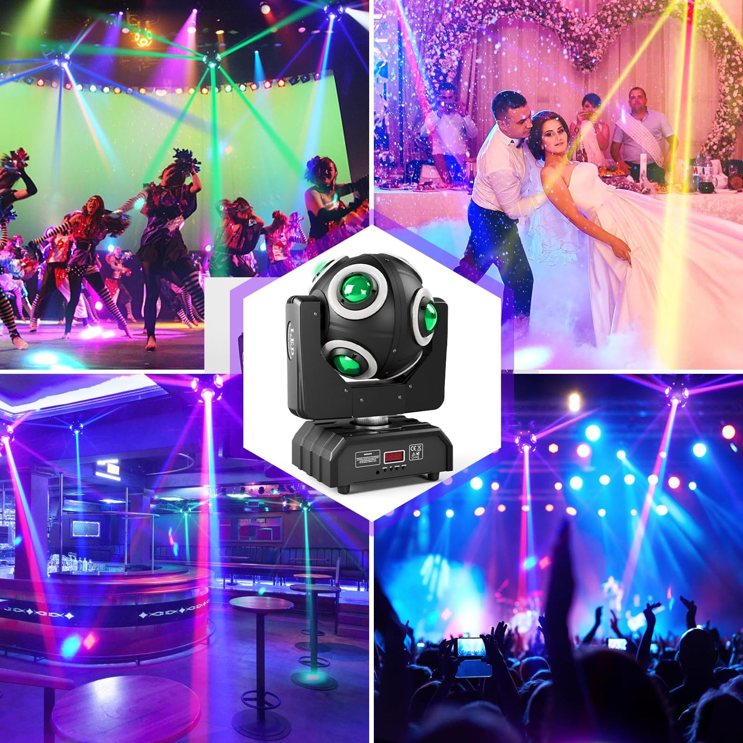 150W Moving Head Stage Light, 8 LED RGBW high-power beads with golden prism effect, d-mx512 plus Y-axis 360° continuous rotation party light for Christmas club disco bars