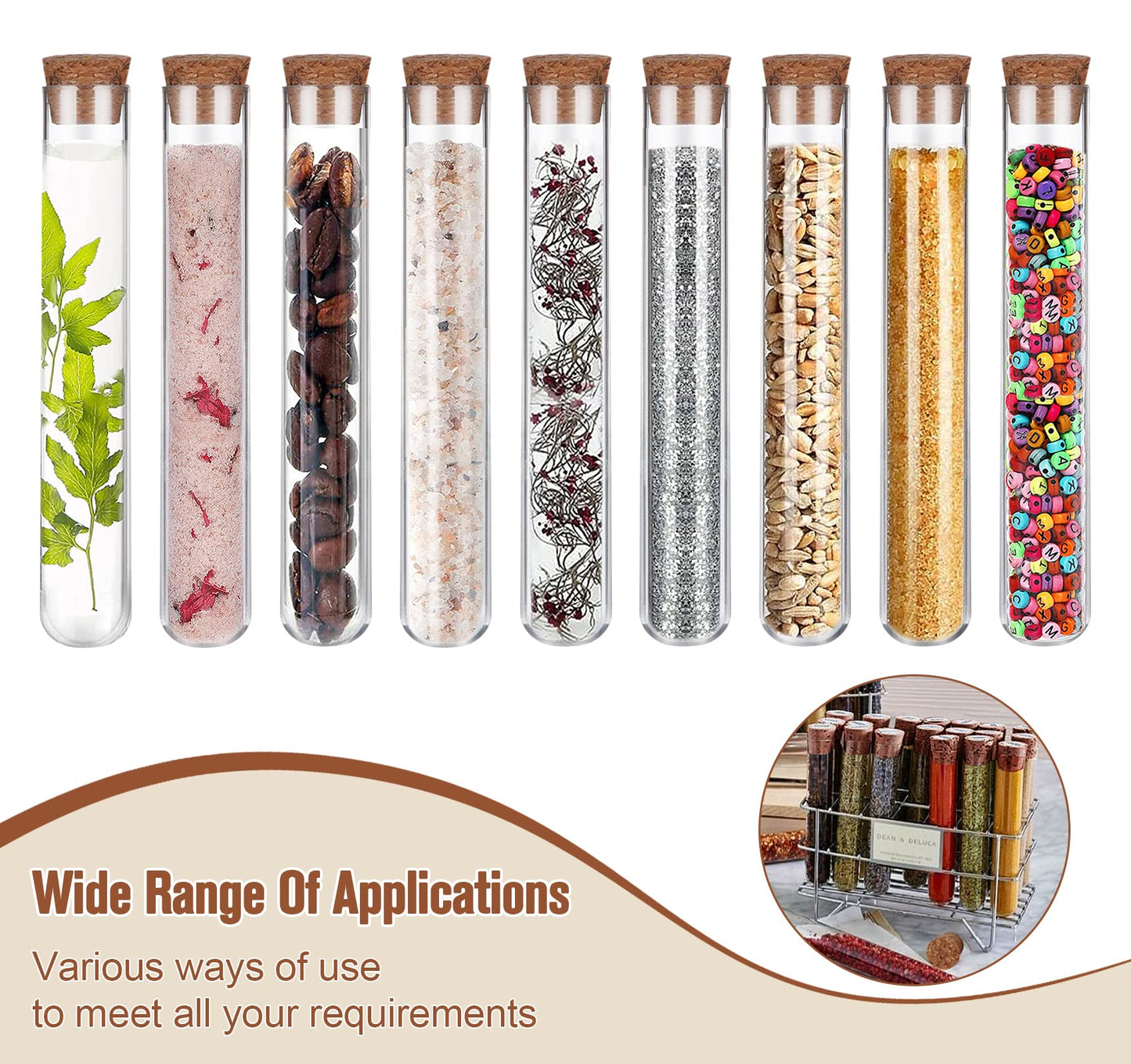 100 pieces of plastic transparent test tubes with corks, 100 pieces of dowels + 20m hemp rope + 2 pieces of funnels, for DIY craft spices, liquids, sweets, and candy.