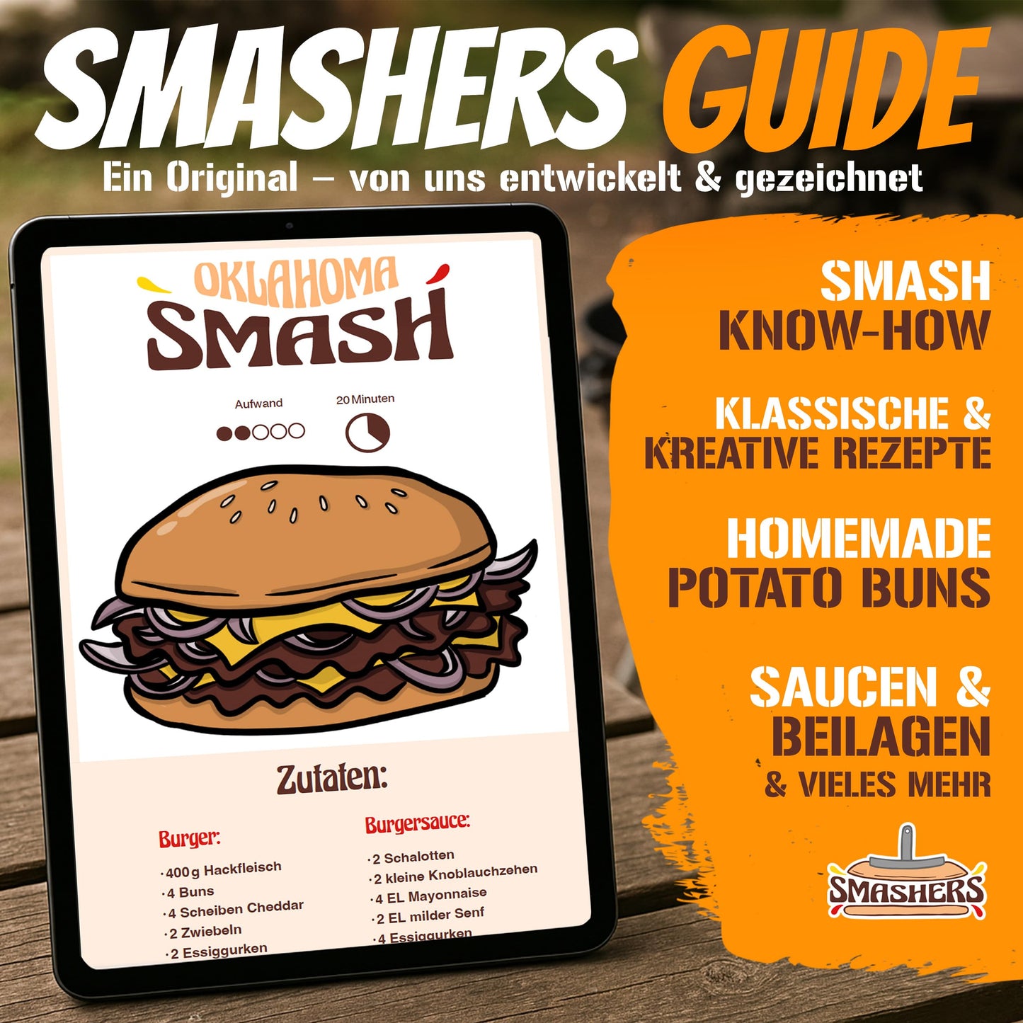 SMASHERS Smash Burger Set - Burger smasher set with burger press, grill spatula, flipper, and burger bell - Includes e-book with smash burger recipes & burger paper (6 pieces)