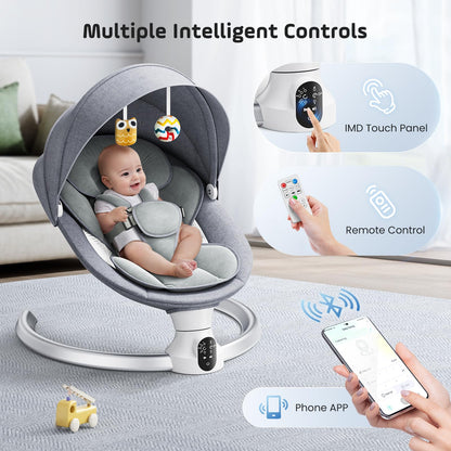 Kotsy Baby Bouncer Electric with APP control adjustment, electric baby swing with 5 natural swinging speeds, with timing, with remote control, 0-9 kg, music, toys.