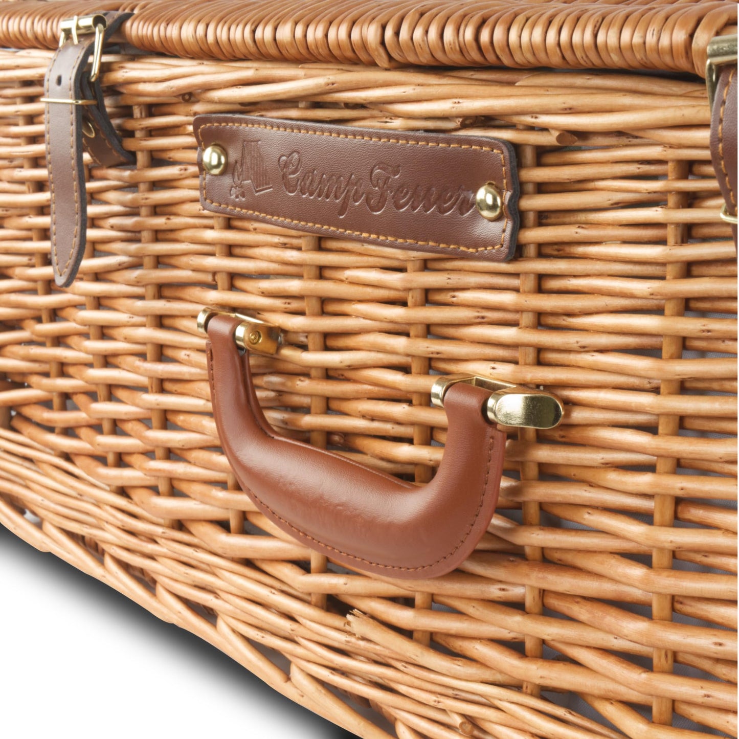 Campfire picnic basket for 4 people with 29-piece dish set and cooler compartment. Striped interior pattern, wicker basket with faux leather straps. Includes picnic bag and set.