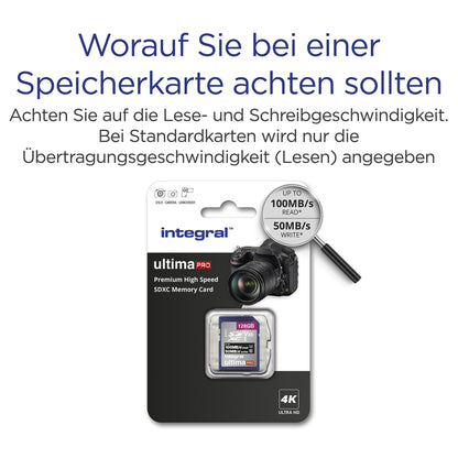 Integral 128GB SD card for 4K Ultra HD video. Premium high-speed memory card. SDXC with up to 100MB/s transfer speeds. SDXC V30 UHS-I U3 Class 10 SD memory card.