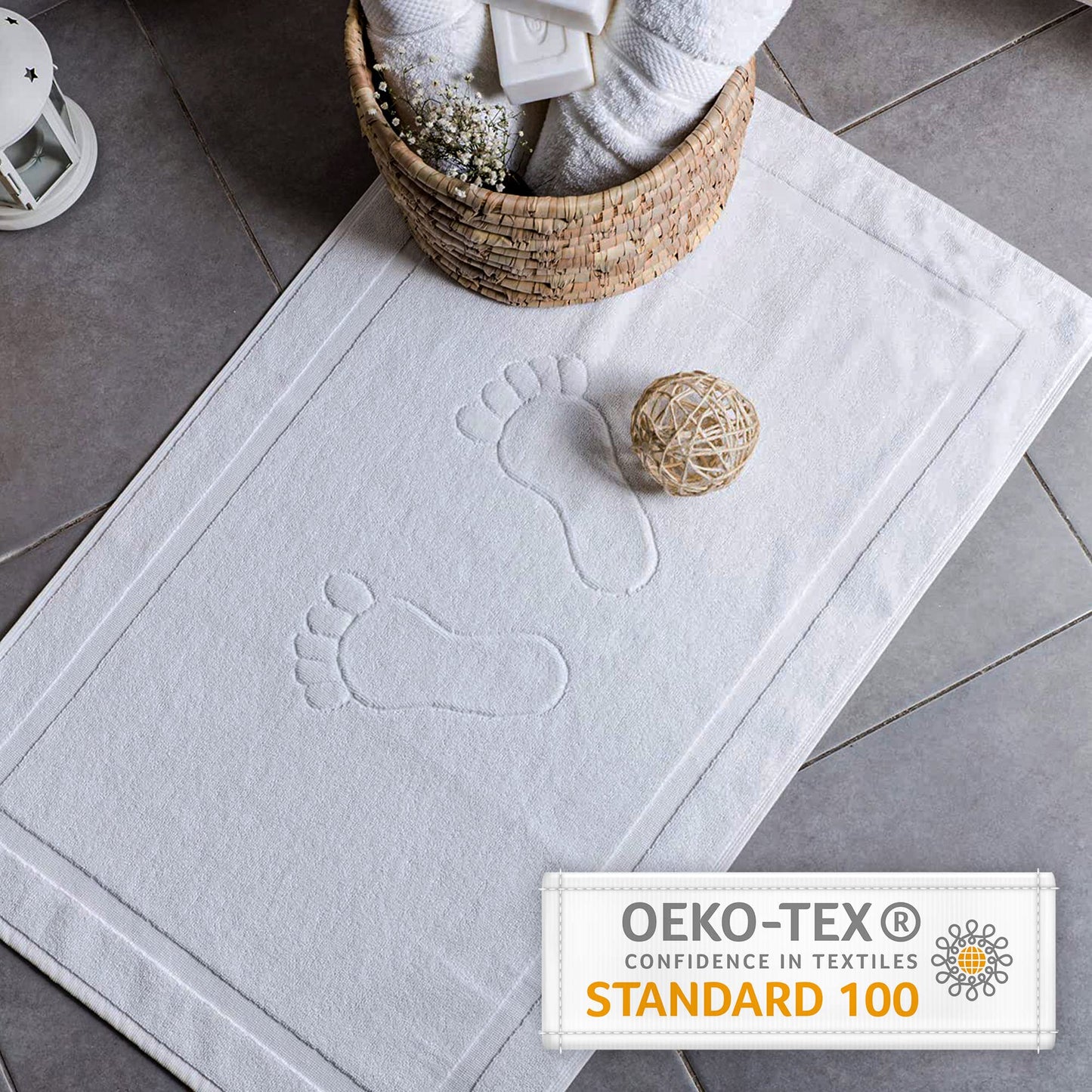 Comfortec Bath Mat Set 2 Piece, Terry Cloth Bath Mat, Washable Shower Mat & Bathroom Rug, 800 g/m² & 100% Cotton, Absorbent & Quick Drying, 50 x 80 cm, White/Light Blue