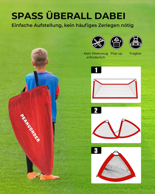 PEAKVONDER Soccer Goals for Yard Kids Pop-Up 2-Pack Soccer Goal Foldable with Fiberglass Poles & Premium Nets for Indoor, Outdoor | With Carrying Bag Soccer Cones Ball Pump Ground Anchors