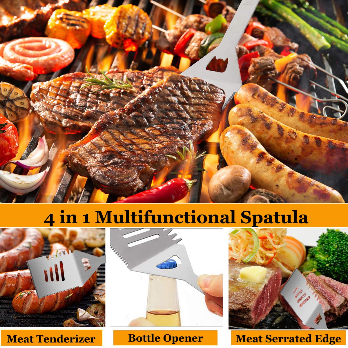 MUJUZE BBQ Accessory Set, Grill Set for Men Dad Gift, Stainless Steel Grill Tool Set in Case, Gas Grill Accessory Set, BBQ Accessories for Garden and Camping (BBQ Set with Grilling Apron)