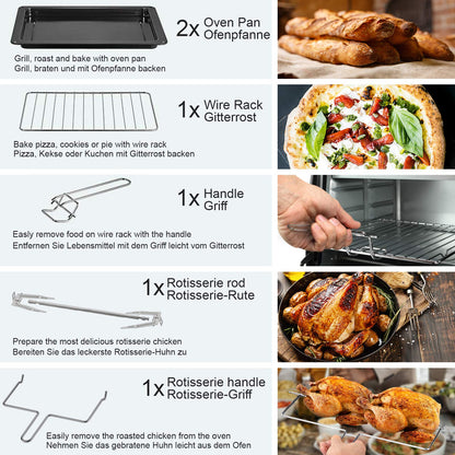 Jago® Mini Oven - with convection, rotisserie, interior light, Electric, 48L, 6 cooking modes, 2000W, Timer, 100-230 °, double glazing, Black - Mini Oven, Mini Electric Oven, Oven, Grill-Oven