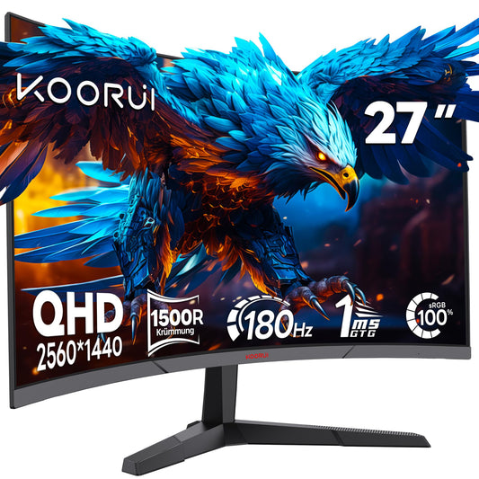 KOORUI 27-inch gaming monitor, 2K QHD 1440P screen, 180Hz 1ms (GTG) curved display, 1500R PC gamer, Adaptive Sync, HDR, anti-glare, 2xHDMI & DP VESA.