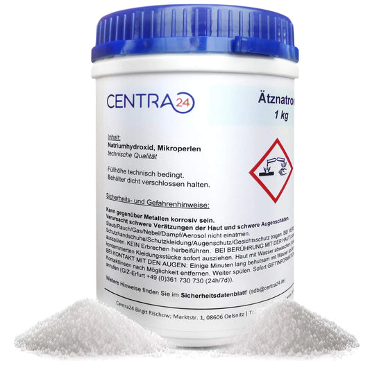 Centra24 Sodium hydroxide, beads, 1 KG in can, caustic soda, lye beads, stripping, lye, soap, cleaner, caustic soda, NaOH, soap sodium, industry, laboratory, pipe cleaner