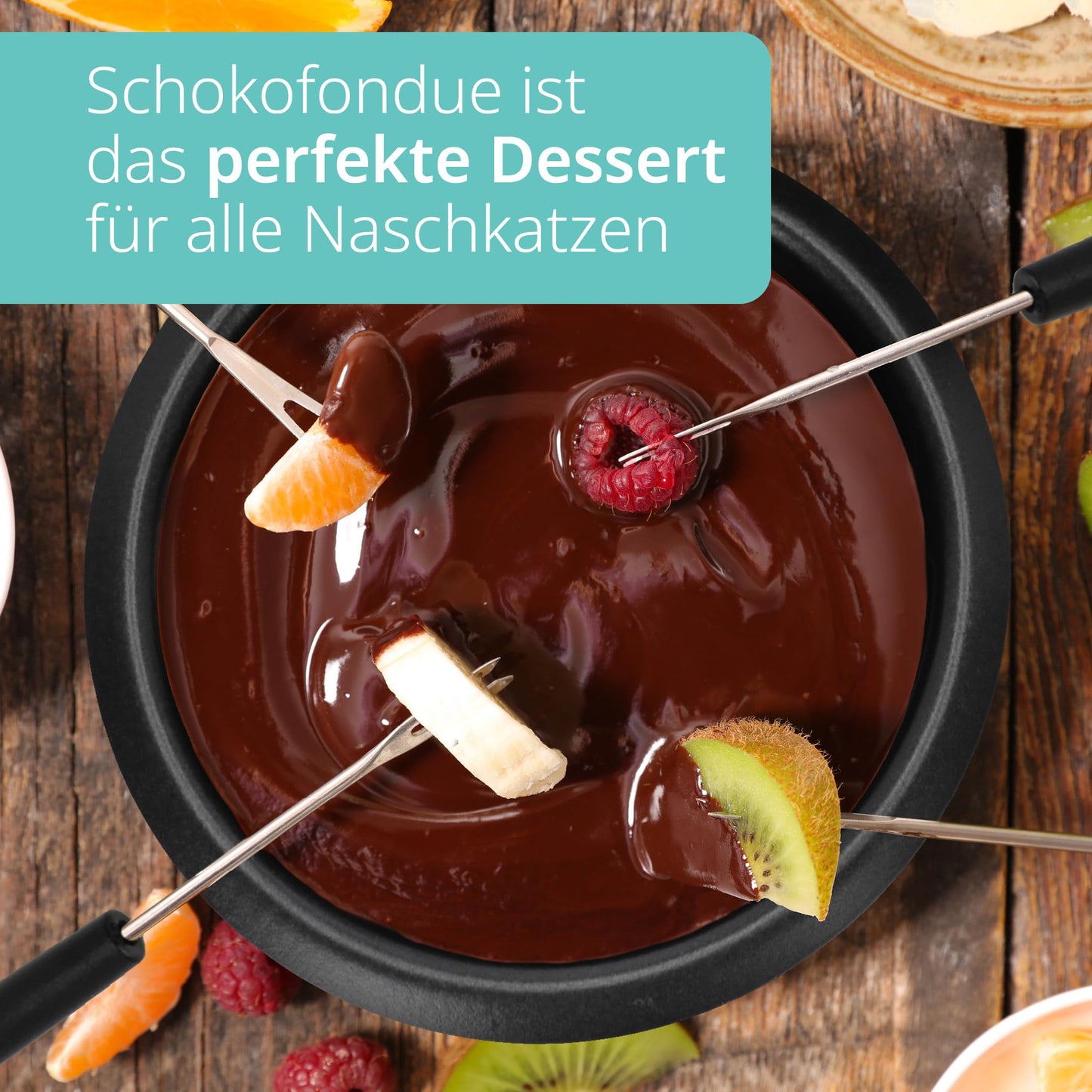 ADE Electric Chocolate Fondue 250ml with 6 skewers | 2 temperature levels for melting and keeping warm | tempering device for chocolate and couverture | removable Teflon-coated bowl