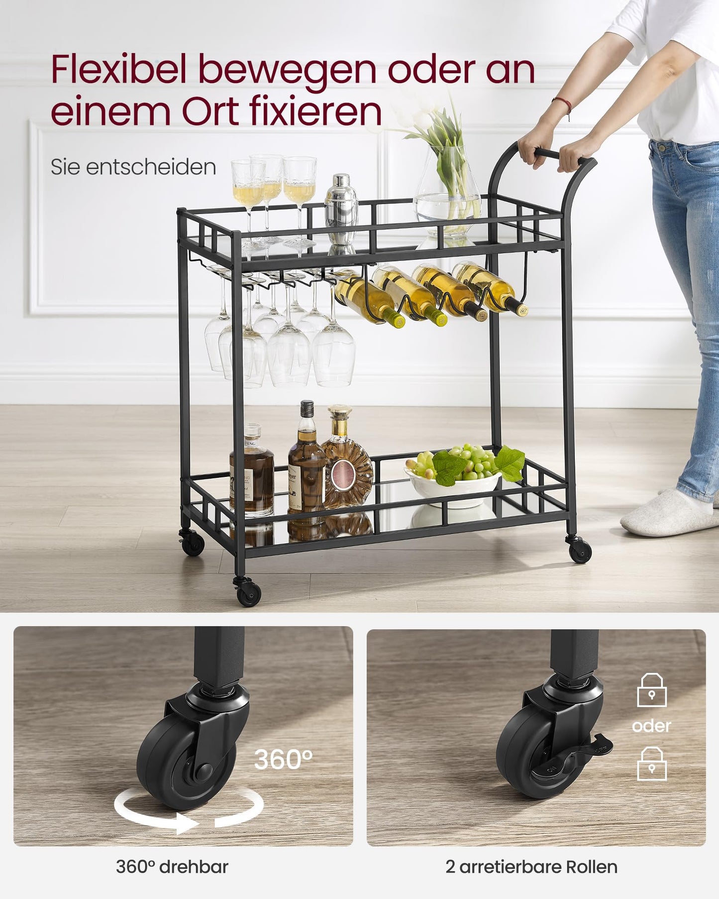 VASAGLE serving cart, rolling cart, glass holder, 2 mirrored glass shelves, bar cart, wine cart, for kitchen, dining room, bar, black LRC090B62
