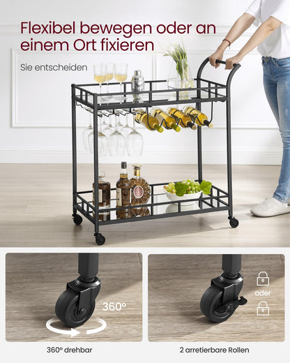VASAGLE serving cart, rolling cart, glass holder, 2 mirrored glass shelves, bar cart, wine cart, for kitchen, dining room, bar, black LRC090B62