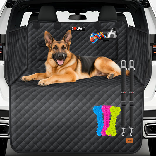 Lovpet trunk protector with side and bumper protection, dog blanket for car back seat with window & accessories. Premium dog car seat cover - waterproof, scratch-resistant & universally applicable in black.