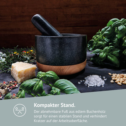 Diemker Premium Granite Mortar and Pestle Set, Ø 14 cm, removable wooden base, wooden spoon, and cleaning brush included. Perfect for grinding spices, nuts, making pesto, and as a grilling accessory.