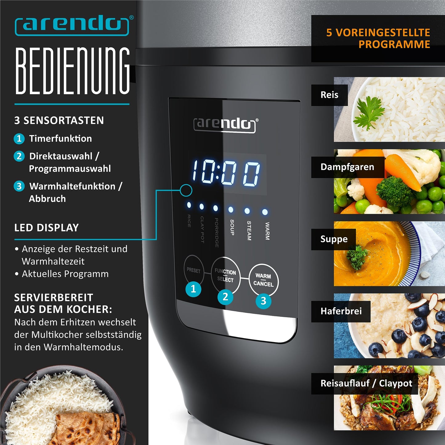 Arendo - Digital Multicooker 2 liters 350 watts Multicooker with steaming insert and measuring cup, rice cooker multicooker - 5 cooking programs - timer - non-stick coated - BPA-free