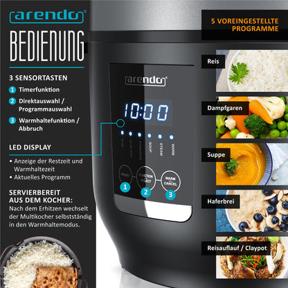 Arendo - Digital Multicooker 2 liters 350 watts Multicooker with steaming insert and measuring cup, rice cooker multicooker - 5 cooking programs - timer - non-stick coated - BPA-free