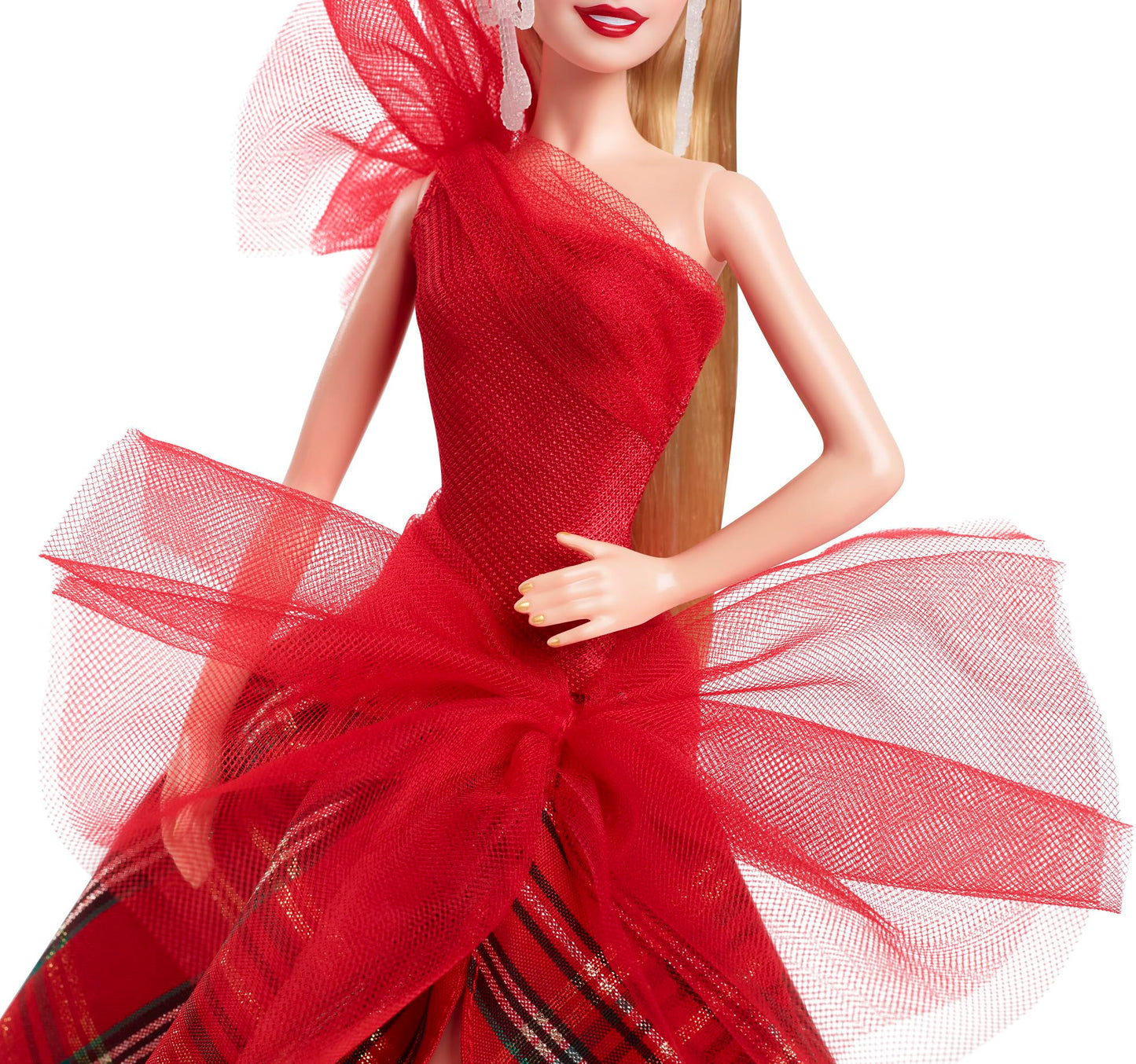 Barbie Signature Doll, Holiday Blonde Fashion Doll wearing gown with plaid skirt, seasonal collector gift in displayable packaging, HRM65.