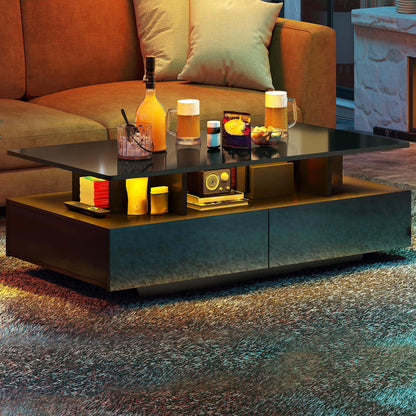 YITAHOME Black Coffee Table, High Gloss Living Room Table with 16-Color LED Lighting, Modern Black Side Table with Open Display Shelf and 4 Pull-Out Drawers 90x55x41.1 cm