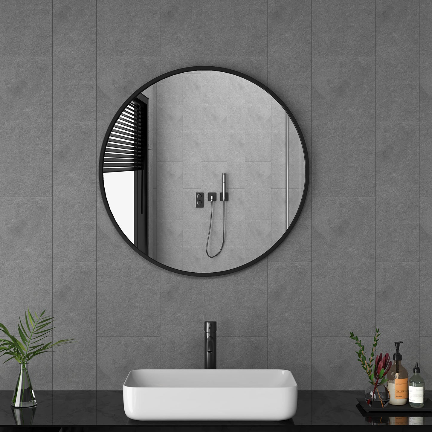 Goeze's Round Mirror Black 60cm Round Bathroom Mirror Black Metal Frame Mirror Decorative Bathroom Wall Mirror for Bathroom, Living Room, Guest WC