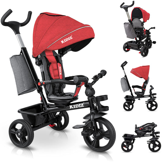 KIDIZ® 6in1 tricycle for kids with push handle, steerable from 9 months up to 25kg. Jogger with forward & reverse ride, basket, bag, drink holder, sunshade, rubber tires, foldable red.