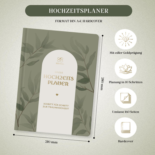 Wedding planner in German A4 | 180° lay-flat design | 160 pages with schedule, checklists, tips, and calendar | Perfect engagement gift for couples.