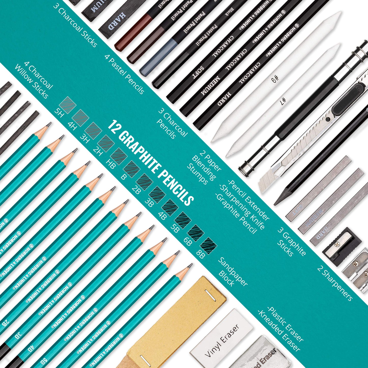 XXL set - sketching pencils & charcoal set - drawing pad for sketching, 100 sheets, kneaded eraser & pencils - perfect set for kids, teenagers & adults.