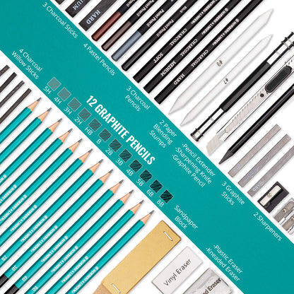 XXL set - sketching pencils & charcoal set - drawing pad for sketching, 100 sheets, kneaded eraser & pencils - perfect set for kids, teenagers & adults.
