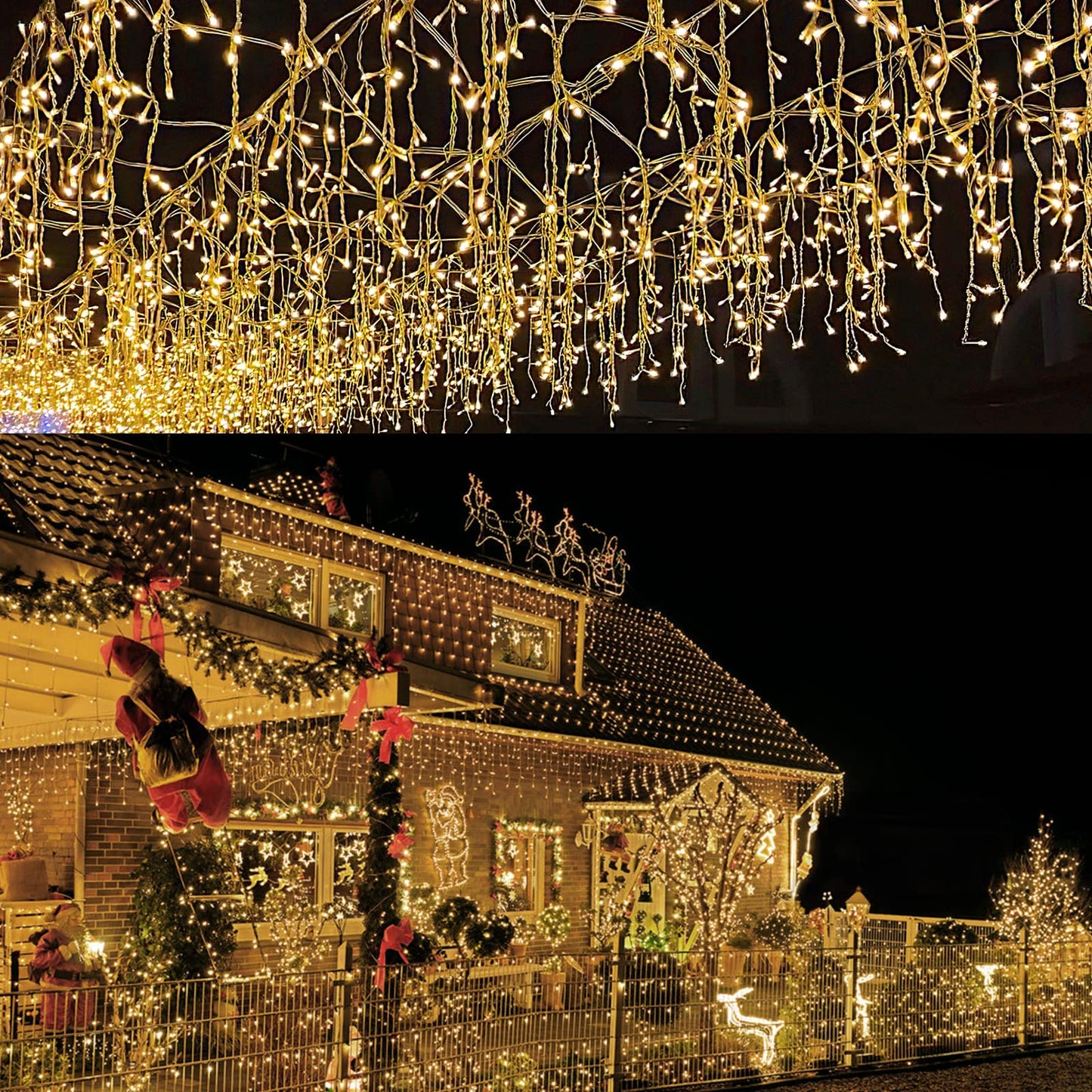 Cecaylie LED icicle lights outdoor 600LED 15m Christmas lights outdoor with 8 lighting modes IP44 string lights powered by electricity for indoor outdoor decor bedroom Christmas party (Warm White)