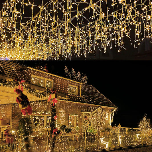 Cecaylie LED icicle lights outdoor 600LED 15m Christmas lights outdoor with 8 lighting modes IP44 string lights powered by electricity for indoor outdoor decor bedroom Christmas party (Warm White)