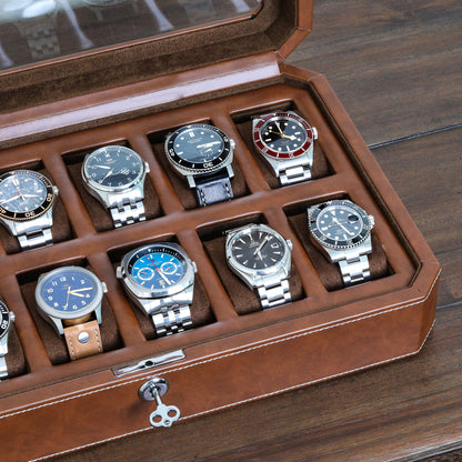ROTHWELL 12 Slot Leather Watch Box for Men - Luxury Watch Case Display Organizer, Men's Storage Boxes Holder with Large Glass Lid (Black/Gray)