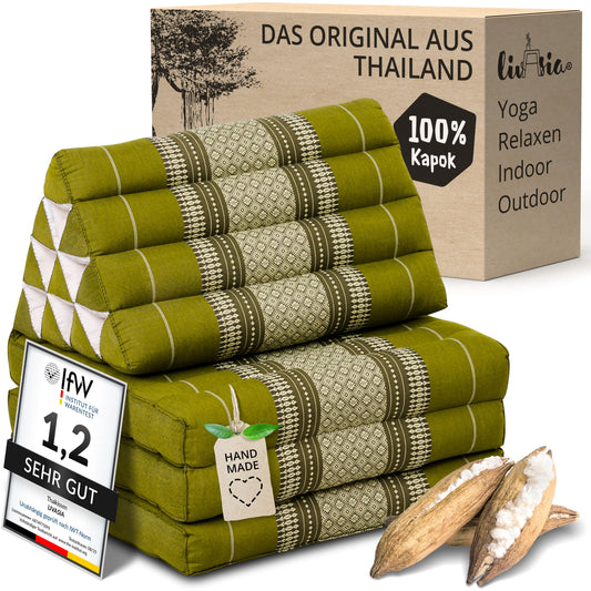LivAsia Thai Triangle Pillow with 3 foldout cushions - 175x50x8cm - Kapok Triangular Cushion with Foldable Mattress, Backrest Pillow, Thai Mat for Folding, Handmade Meditation Pillow (Green)