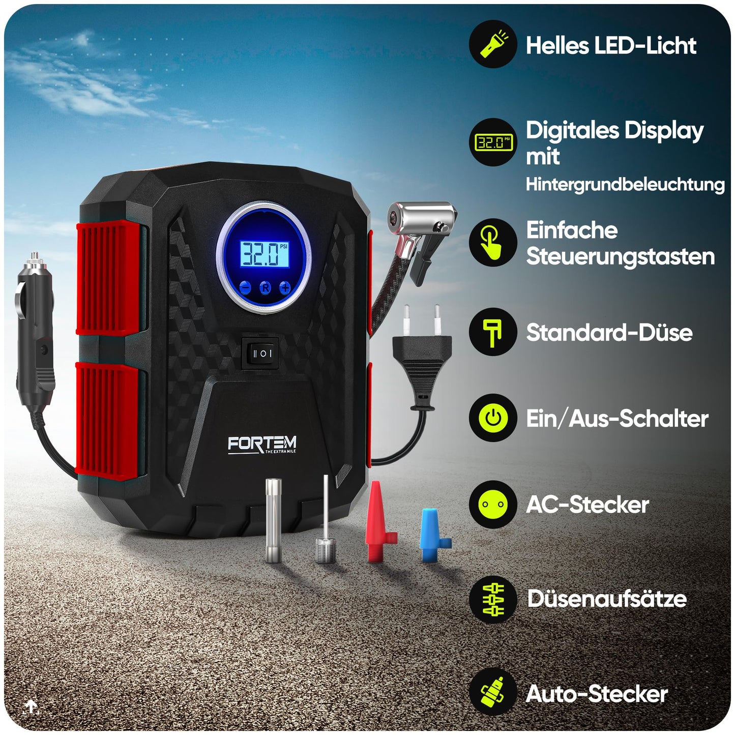 FORTEM Portable Compressor for Car Tires, 230V Adapter, 12V Car Tire Pump, and electric bike pump with LED light - Digital Tire Pressure Gauge Automatic Pump/Shut Off.