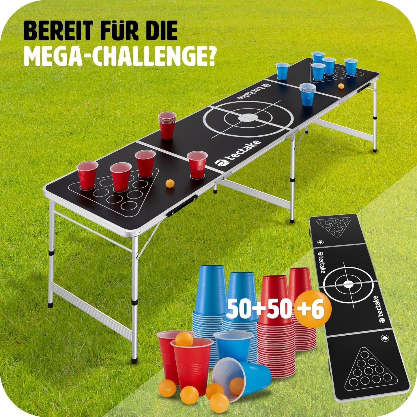 tectake® Beer Pong Table, includes 100 cups (50 red & 50 blue) and 6 balls, adjustable height, foldable table with carrying handles, adult party games, drinking game.