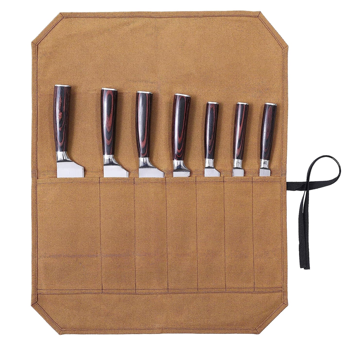 Professional chef knife roll, kitchen knife storage bag, waxed canvas, multi-purpose tool roll with 7 slots, khaki color.