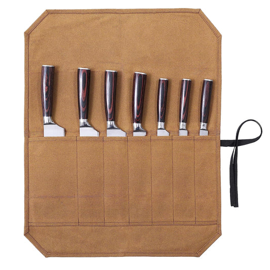 Professional chef knife roll, kitchen knife storage bag, waxed canvas, multi-purpose tool roll with 7 slots, khaki color.