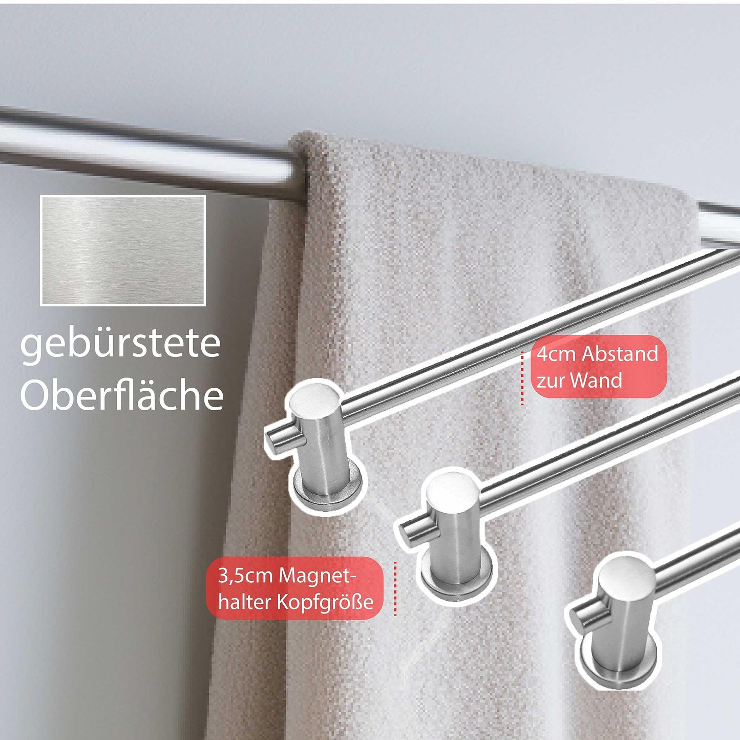Stainless steel towel holder with magnetic attachment in 7 lengths 40-100cm (50cm)