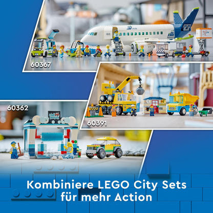 LEGO 60367 City Passenger Airplane Toy Set, large airplane model with airport ground vehicles: apron bus, pushback tug, catering loader, baggage cart, and 9 minifigures
