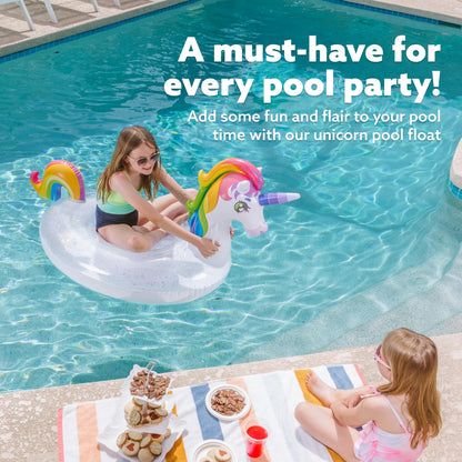 JOYIN Kids' Unicorn Pool Float with Glitters, Inflatable Pool Floaties for Adults, Summer Party Decorations, 175cm*75cm*85cm