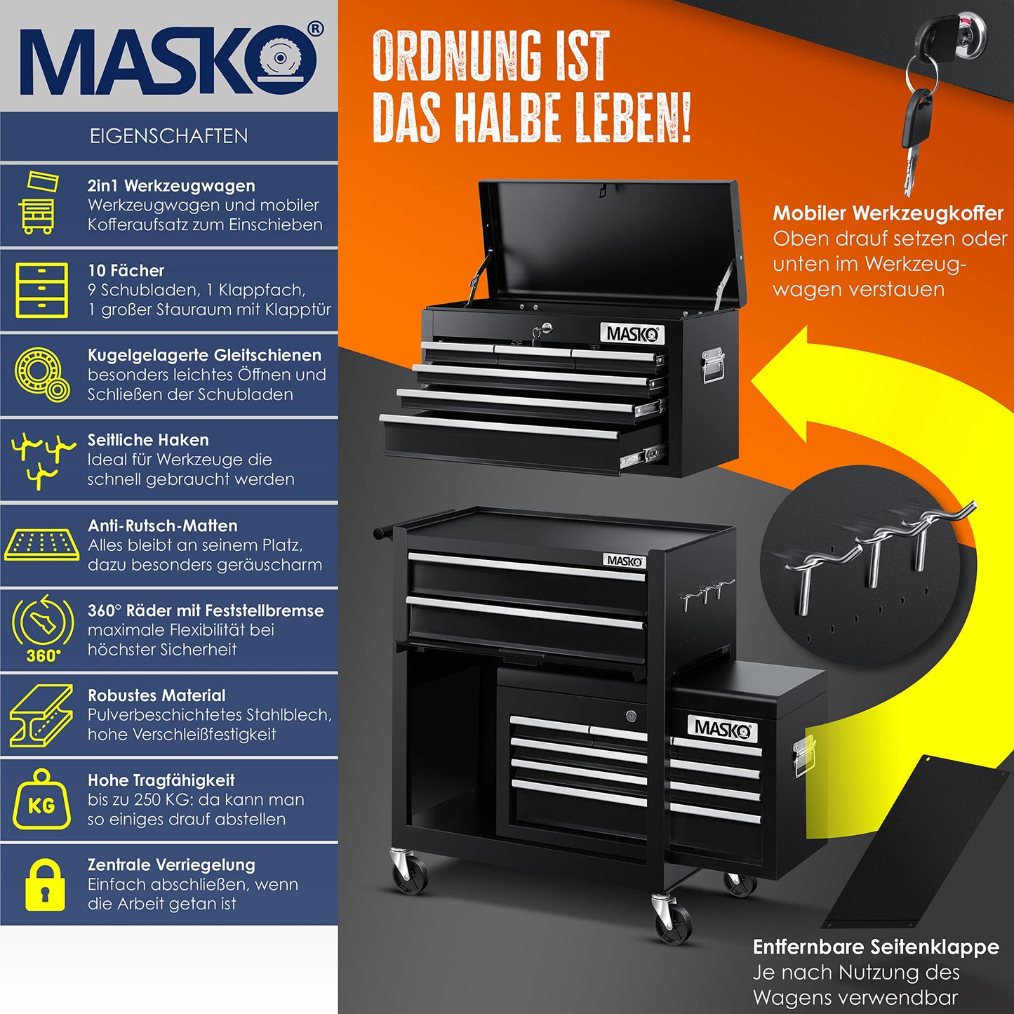 MASKO® workshop cart with toolbox - 9 compartments lockable | Solid metal | Mobile tool cart without tools | Professional | Tool storage trolley with lock | Black